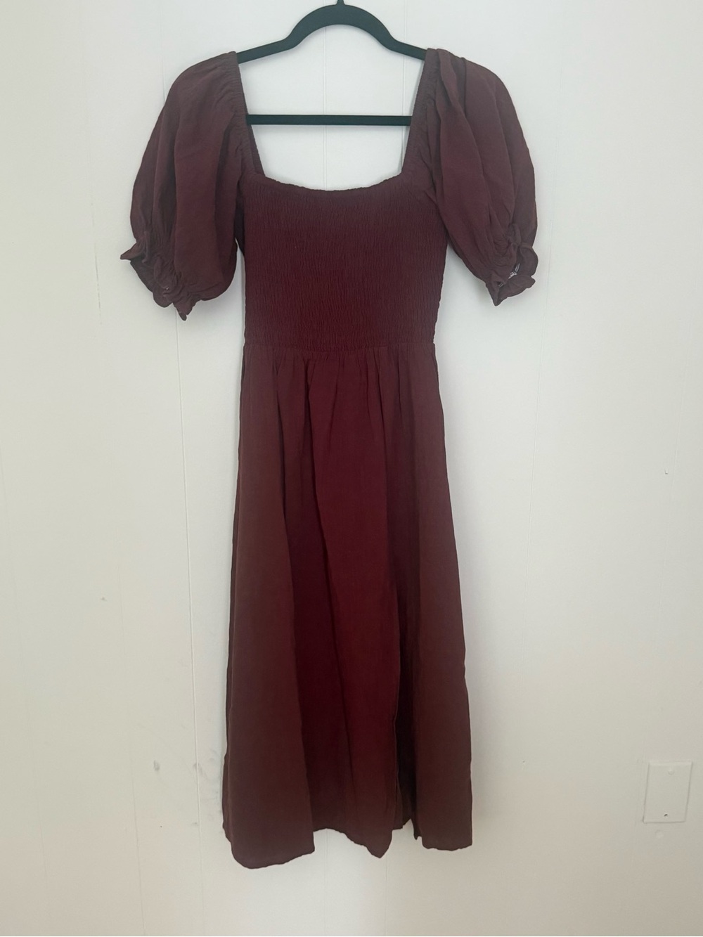 Smocked Square Neck Midi Dress in Burgundy